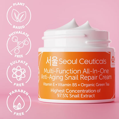 SeoulCeuticals Korean Skin Care Snail Mucin Moisturizer Cream 97.5% – K-Beauty Day & Night Repair Cream, Cruelty-Free, 2oz