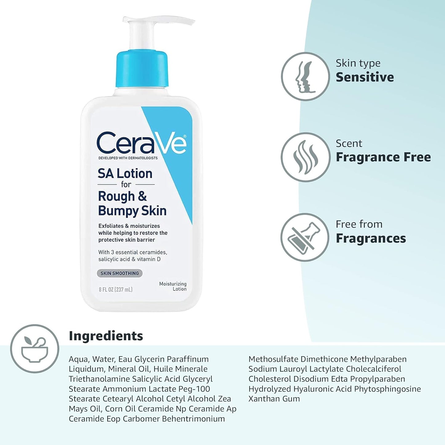 CeraVe SA Lotion for Rough & Bumpy Skin, 8 Ounce | With Vitamin D, Hyaluronic Acid, Lactic Acid & Salicylic Acid, Fragrance-Free & Allergy-Tested