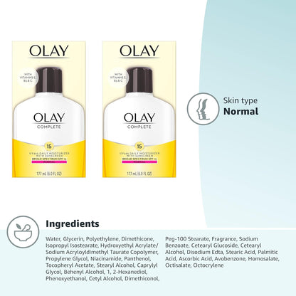 Olay Complete All Day Facial Moisturizing Lotion with SPF 15, 6 Fl Oz (Pack of 2) | Daily Moisturizer for Normal Skin and Hydration