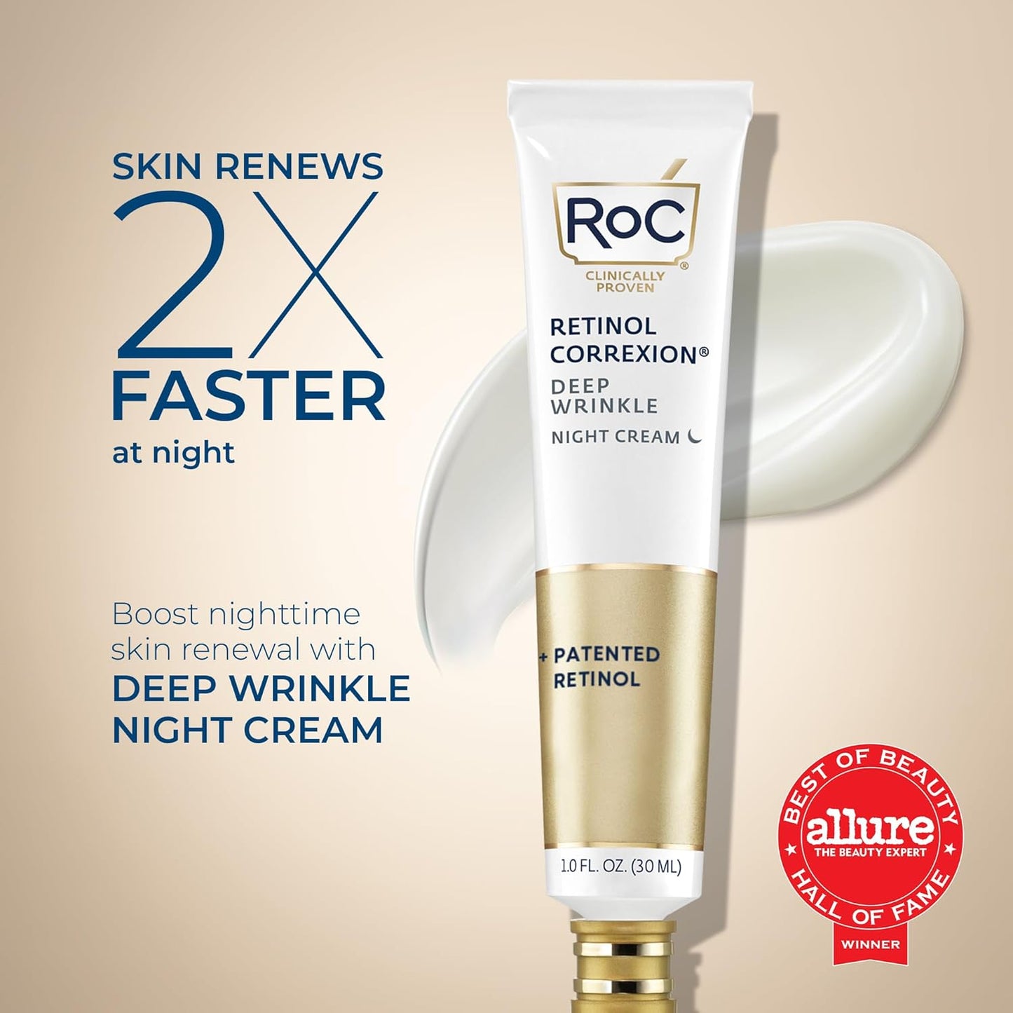 RoC Retinol Correxion Deep Wrinkle Anti-Aging Night Cream, 1 oz | Daily Moisturizer with Shea Butter, Glycolic Acid & Squalane for Men & Women