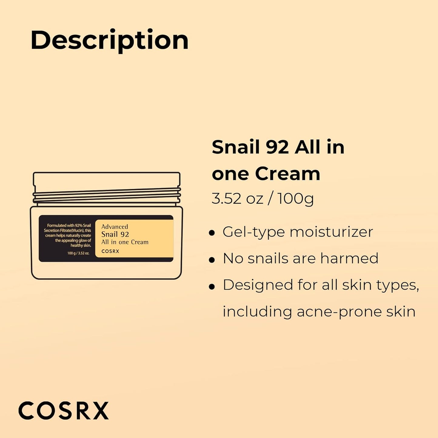 COSRX Snail Mucin 92% Face Moisturizer: Lightweight Hydrating Cream for Soft, Glowy Skin – 3.52 oz, Korean Skincare