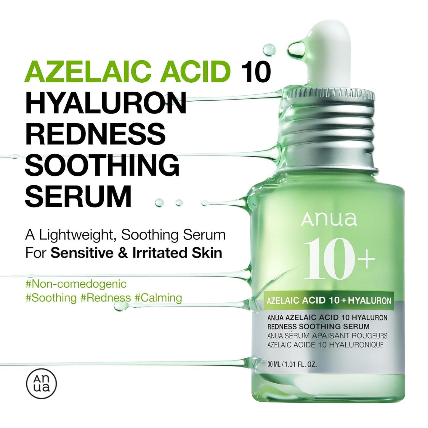 Anua Azelaic Acid 10% Redness Soothing Serum – Vegan Facial Serum for Sensitive Skin with Hyaluronic Acid, Niacinamide, and Spot Care, Korean Skincare (30ml / 1.01 fl. oz.)