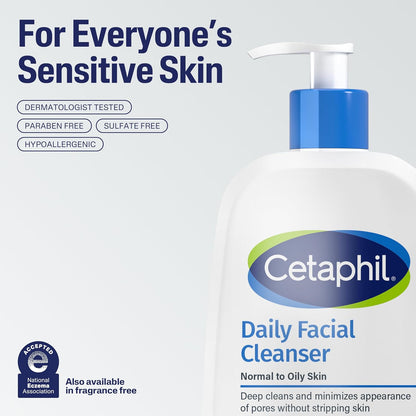 Cetaphil Daily Facial Cleanser for Sensitive, Combination to Oily Skin, Gentle Foaming, Soap-Free, Hypoallergenic, 16 oz 2-Pack