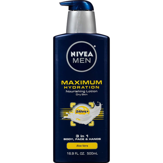 NIVEA MEN Maximum Hydration 3-in-1 Body Lotion, 16.9 Fl Oz | Nourishing Moisturizer for Body, Face, and Hands