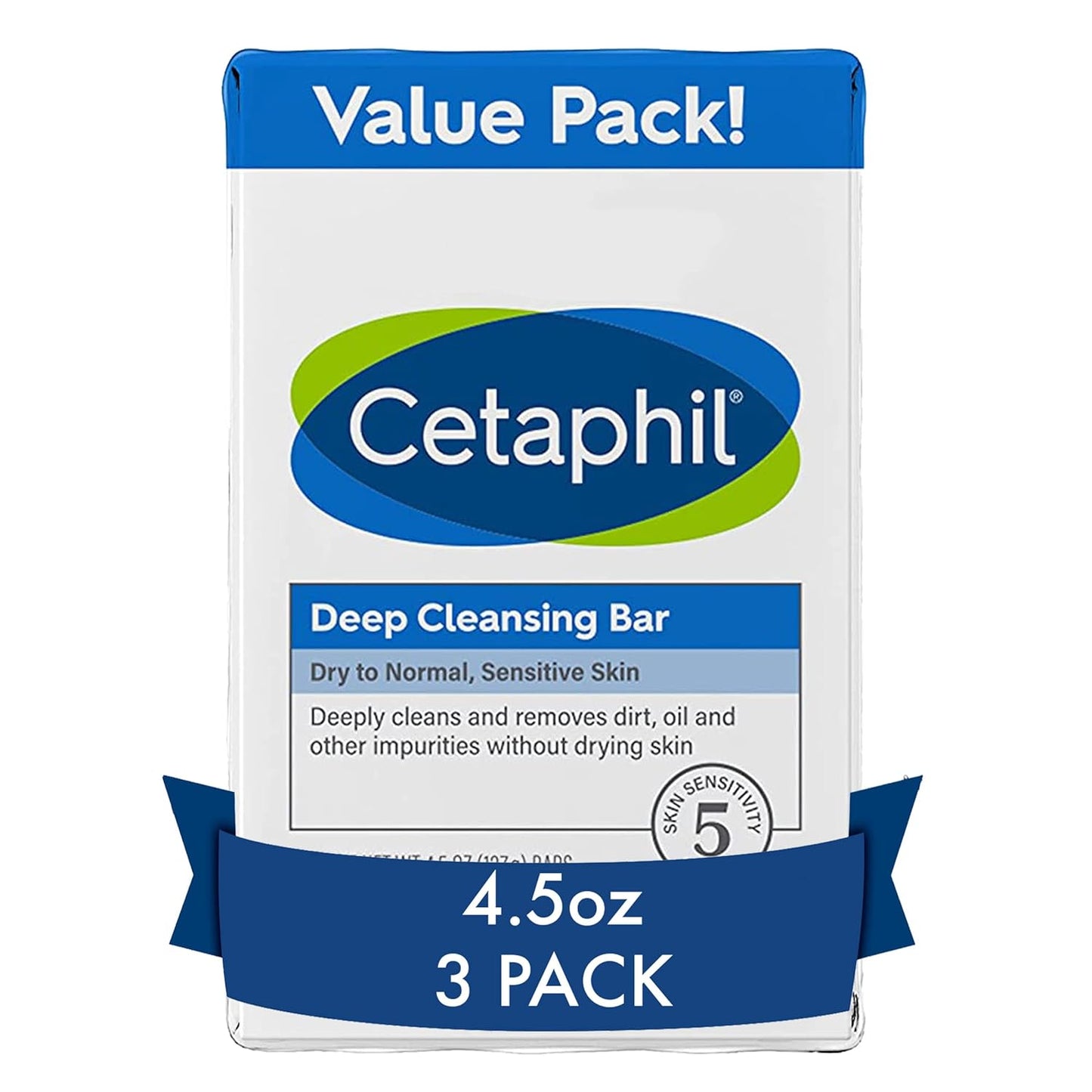 Cetaphil Deep Cleansing Bar Soap for Face and Body, 3-Pack, Soap-Free, Hypoallergenic, Fragrance-Free, Paraben-Free, Removes Makeup, Dirt & Oil for Dry to Normal Sensitive Skin