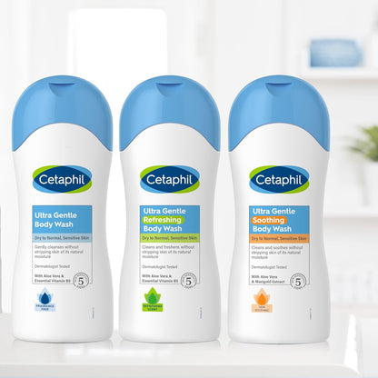 Cetaphil Ultra Gentle Refreshing Body Wash, 16.9oz (Pack of 3) | Aloe Vera, Calendula, Vitamin B5, Hypoallergenic, Paraben-Free, Fragrance-Free for Dry to Normal Sensitive Skin