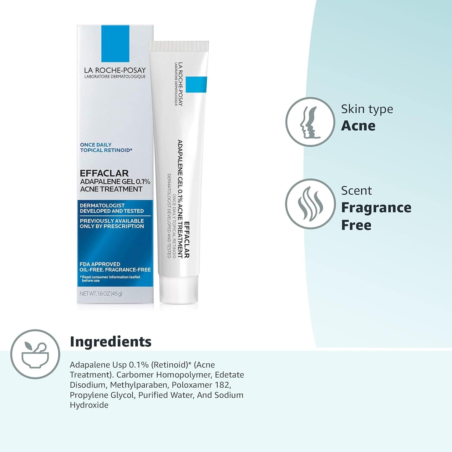 La Roche-Posay Effaclar Adapalene Gel 0.1% Acne Treatment | Retinoid Acne Cream for Blackheads & Whiteheads | Oil-Free Acne Medication