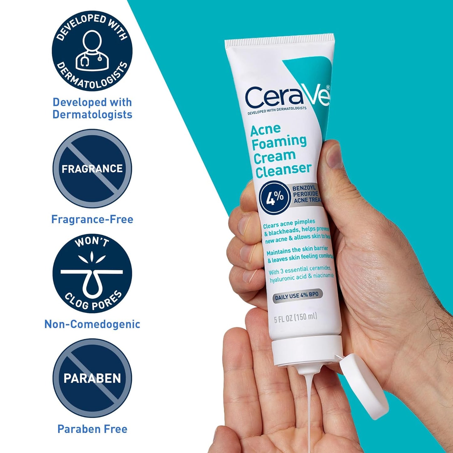 CeraVe Acne Foaming Cream Cleanser with 4% Benzoyl Peroxide, Hyaluronic Acid & Niacinamide | Daily Gentle Face Wash for Clearer Skin | 5 oz