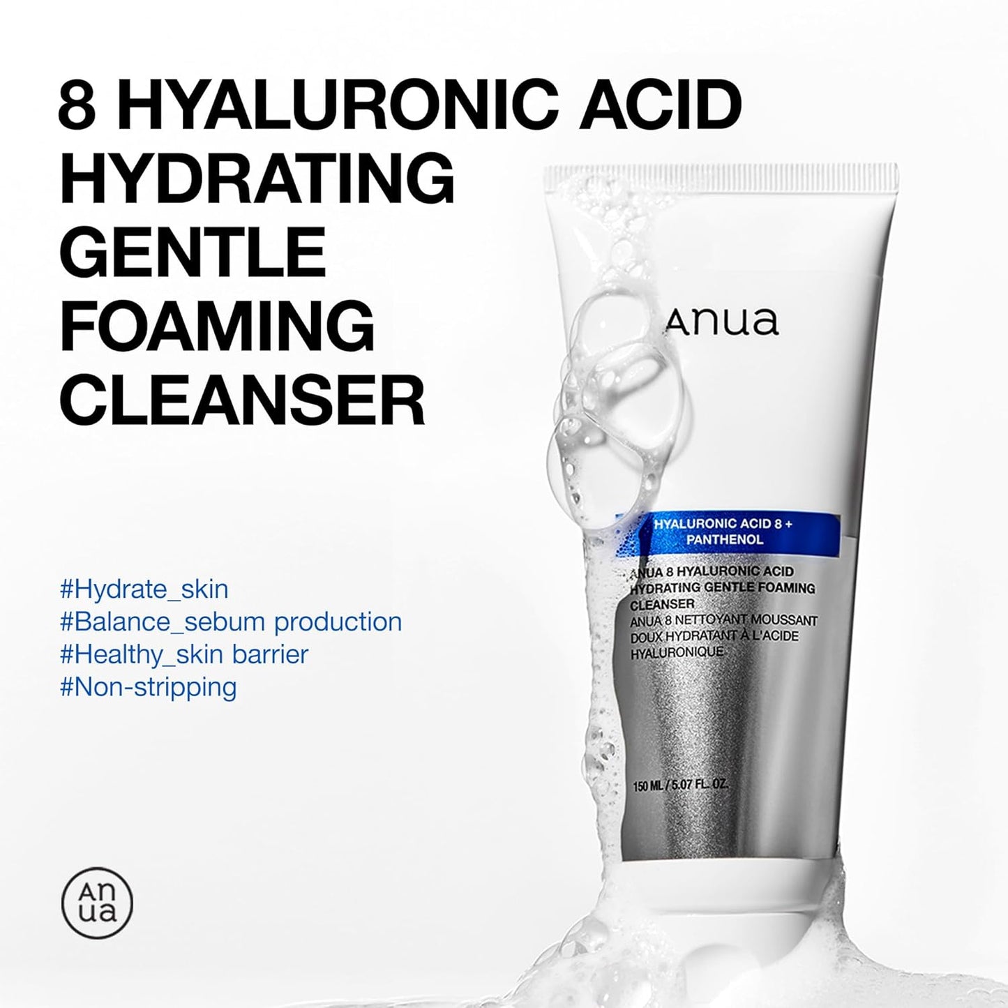 ANUA Hydrating Gentle Foaming Cleanser – Hyaluronic Acid, Glycerin, Zinc, Panthenol, Korean Face Wash for Dry Skin, Double Cleansing, 150ml (5.07 fl oz)