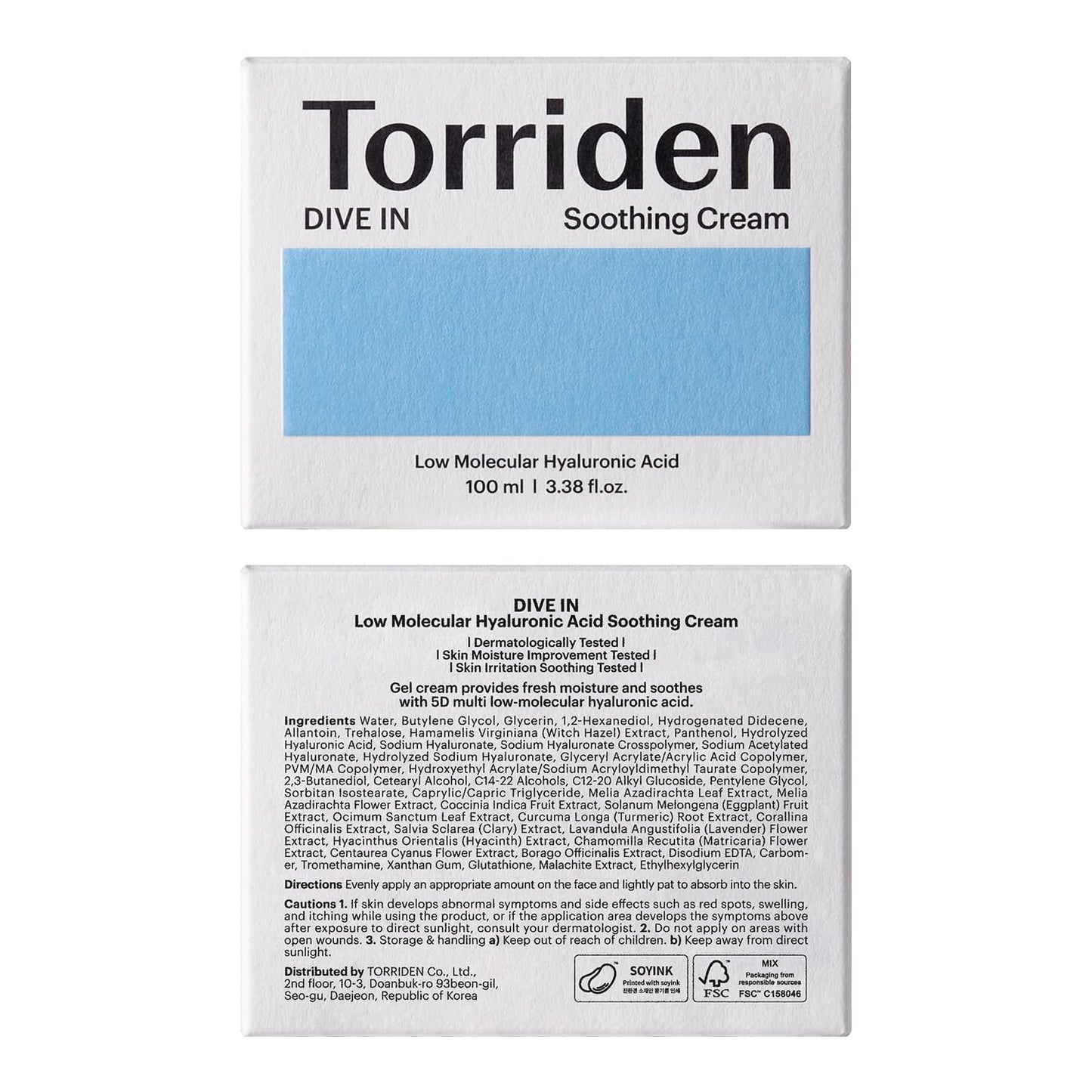 Torriden DIVE-IN Hyaluronic Acid Soothing Cream, 3.38 fl. oz. – Revitalizing Facial Moisturizer for Sensitive, Dry Skin – Fragrance-Free, Alcohol-Free, No Colorants