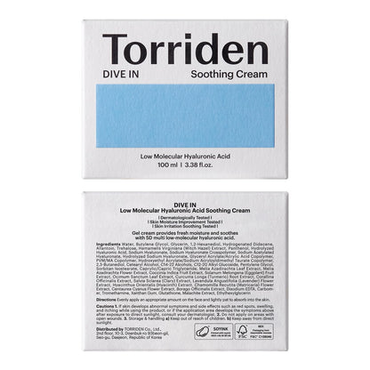 Torriden DIVE-IN Hyaluronic Acid Soothing Cream, 3.38 fl. oz. – Revitalizing Facial Moisturizer for Sensitive, Dry Skin – Fragrance-Free, Alcohol-Free, No Colorants