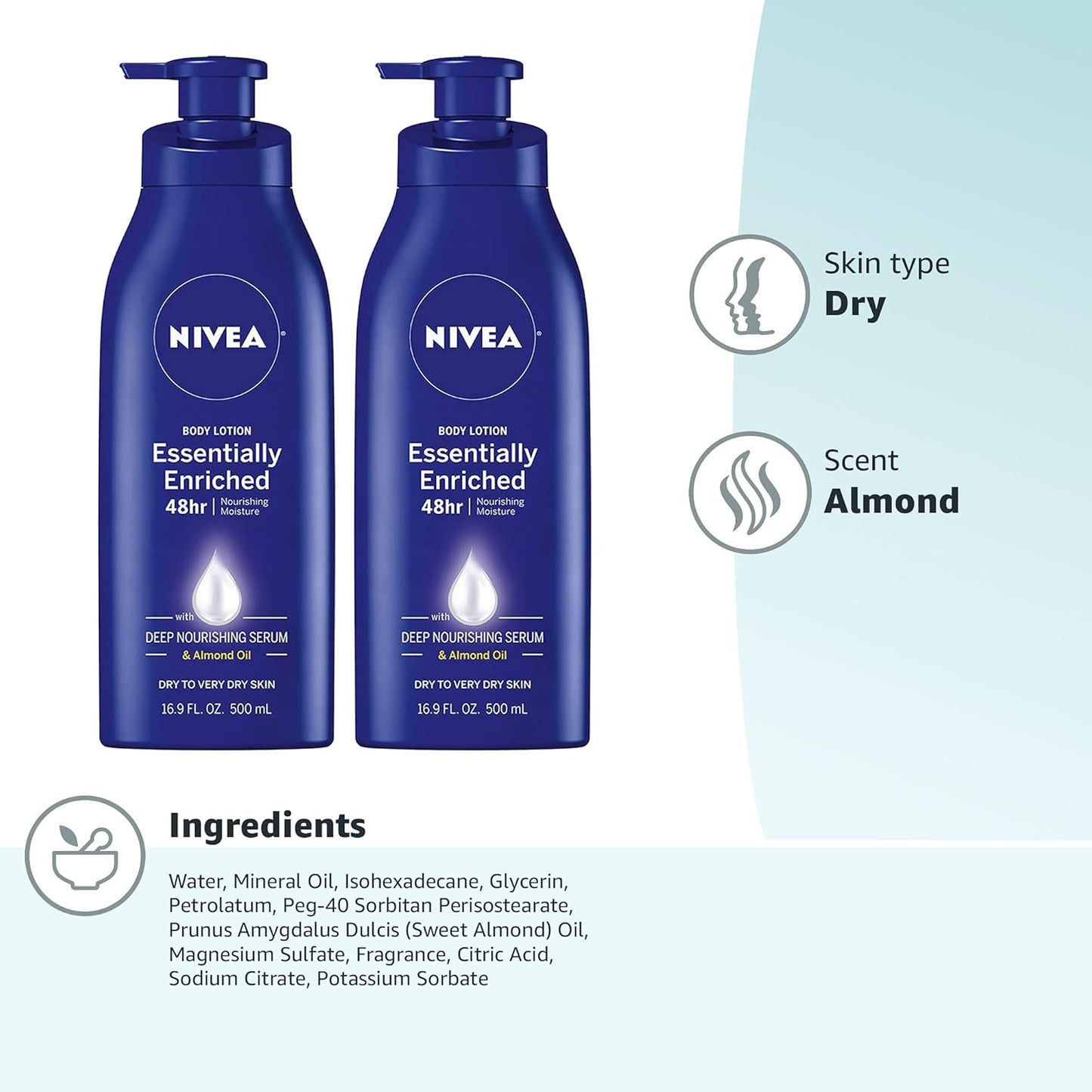 NIVEA Essentially Enriched Body Lotion for Dry Skin, 16.9 Fl Oz Pump Bottles, Pack of 2 – Deep Moisture for Smooth, Hydrated Skin.