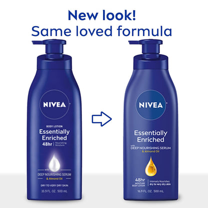 NIVEA Essentially Enriched Body Lotion, 16.9 Fl Oz | 48-Hour Moisturizing for Dry Skin, with Deep Nourishing Serum and Almond Oil, Pump Bottle