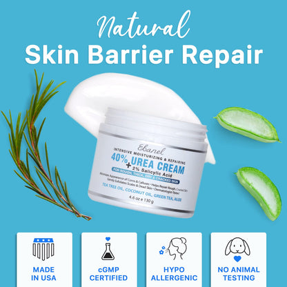 Ebanel Urea Cream 40% + Salicylic Acid 2%, Foot & Skin Repair Cream for Dry Cracked Heels, Feet, Knees, Elbows, and Hands | Dead Skin, Callus, and Toenail Softener, Keratolytic Skin Barrier Repair