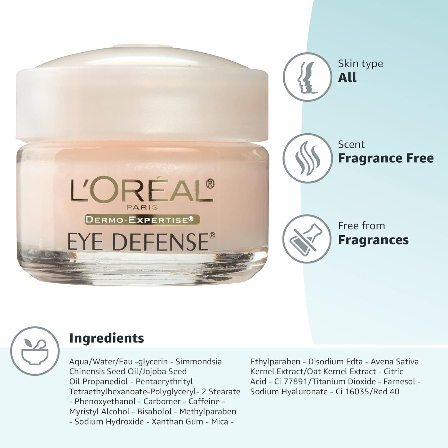 L'Oréal Paris Dermo-Expertise Eye Defense Cream with Caffeine & Hyaluronic Acid, 0.5 oz – Anti-Aging Eye Cream for Puffiness & Fine Lines