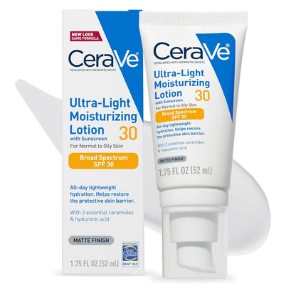 CeraVe Ultra-Light Moisturizing Lotion with SPF 30, Daily Face Moisturizer, Hyaluronic Acid & Ceramides, Oil-Free, Matte Finish, 1.7 oz