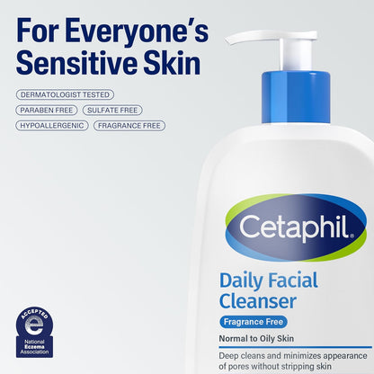 Cetaphil Daily Facial Cleanser for Sensitive, Combination to Oily Skin, 16 Oz | Fragrance-Free, Gentle Foaming, Soap-Free, Hypoallergenic