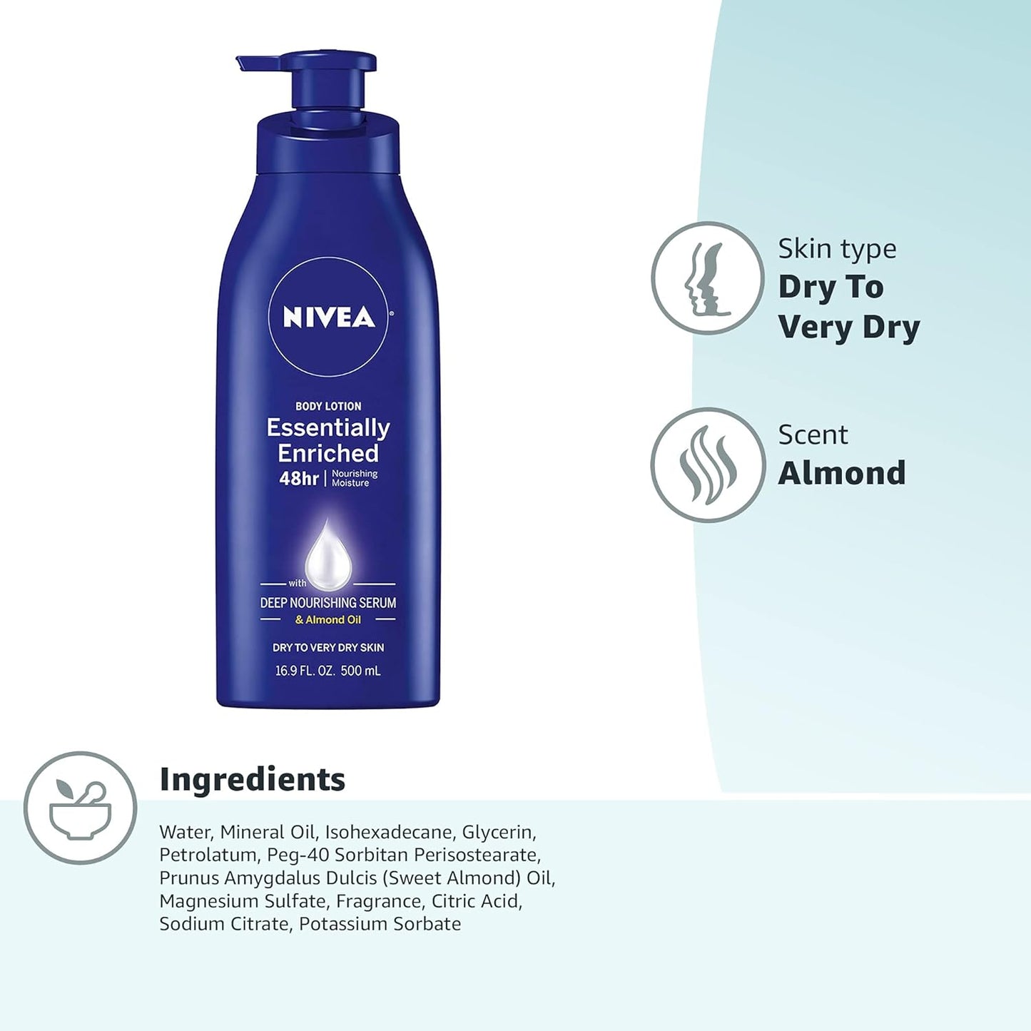 NIVEA Essentially Enriched Body Lotion, 16.9 Fl Oz | 48-Hour Moisturizing for Dry Skin, with Deep Nourishing Serum and Almond Oil, Pump Bottle