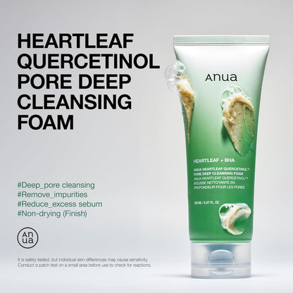 ANUA Heartleaf Quercetinol Pore Deep Cleansing Foam, BHA Facial Cleanser for Double Cleansing & Blackhead Removal, Hydrating Korean Skincare with Hyaluronic Acid & Glycerin, 150ml (5.07 fl oz)