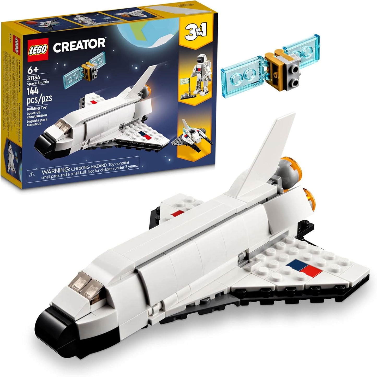 LEGO Creator 3-in-1 Space Shuttle Building Set – Buildable Space Toys for Boys & Girls Aged 6+, Includes Options for 2 Spaceships or Astronaut, Educational Gift for Kids' Birthdays & Holidays, 31134