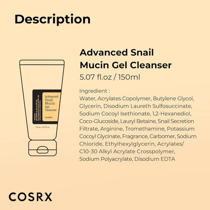 COSRX Advanced Snail Mucin Gel Cleanser – Rich Daily Deep Cleansing Gel for Dry & Sensitive Skin, 5.07 fl oz (150 mL), Korean Skin Care, Paraben-Free, Cruelty-Free