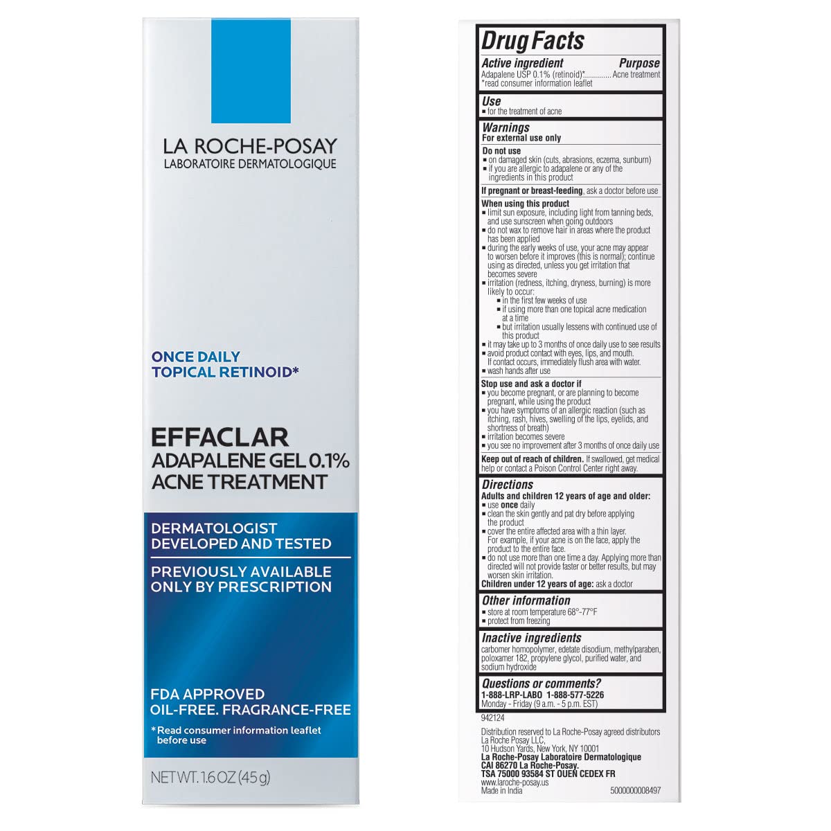 La Roche-Posay Effaclar Adapalene Gel 0.1% Acne Treatment | Retinoid Acne Cream for Blackheads & Whiteheads | Oil-Free Acne Medication