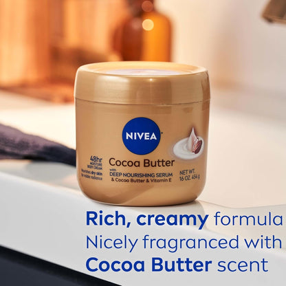 NIVEA Cocoa Butter Body Cream with Deep Nourishing Serum, 16 Ounce | Rich Moisturizing Cream for Dry Skin, Restores Skin’s Natural Softness