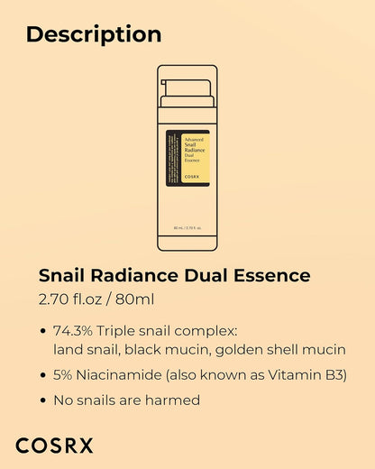 COSRX Niacinamide 5% + Snail Mucin 74% Dual Essence – Hydrating & Repairing Anti-Aging Face Serum for Dull & Sensitive Skin, Korean Skin Care, Cruelty-Free, 2.70 fl.oz (80ml)