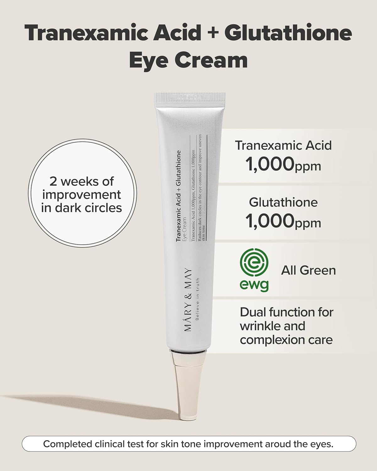 Mary&May Tranexamic Acid + Glutathione Eye Cream, Dark Circle Corrector with Vitamin C for Brightening & Even Skin Tone, Antioxidant-Rich Formula for Morning & Night, 1.05 oz