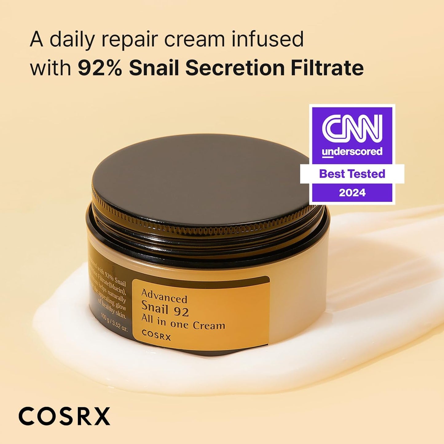 COSRX Snail Mucin 92% Face Moisturizer: Lightweight Hydrating Cream for Soft, Glowy Skin – 3.52 oz, Korean Skincare