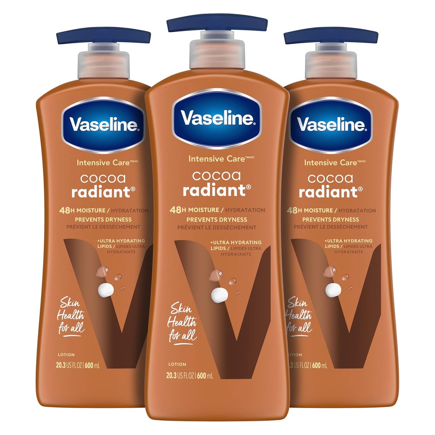 Vaseline Intensive Care Cocoa Radiant Body Lotion, 3-Pack (20.3 oz each) | Ultra-Hydrating Lipids & Pure Cocoa Butter for Dry Skin, Long-Lasting Radiant Glow