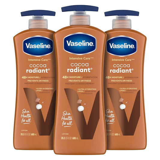 Vaseline Intensive Care Cocoa Radiant Body Lotion, 3-Pack (20.3 oz each) | Ultra-Hydrating Lipids & Pure Cocoa Butter for Dry Skin, Long-Lasting Radiant Glow