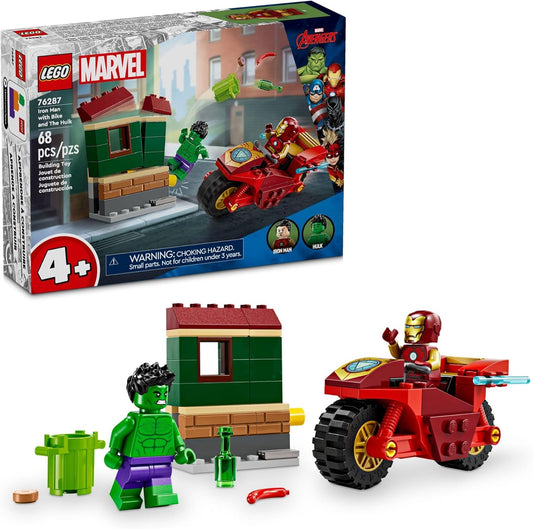 LEGO Marvel Iron Man with Bike and The Hulk Building Set – Easy Build Marvel Toy with Motorcycle and 2 Minifigures, Perfect Gift for Kids Aged 4+, 76287