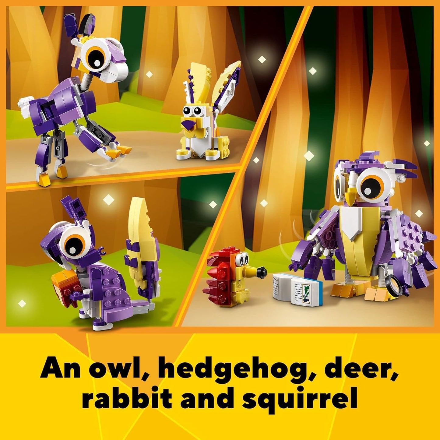 LEGO Creator 3-in-1 Fantasy Forest Creatures Set – Woodland Animal Toys Transforms from Rabbit to Owl to Squirrel, Ideal Gift for Kids Aged 7+, 31125