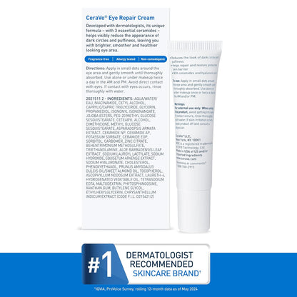 CeraVe Eye Repair Cream for Puffiness & Dark Circles | Hydrating Under Eye Cream with Hyaluronic Acid, Niacinamide & Marine Botanical Complex | Ophthalmologist Tested & Oil-Free, 0.5 oz