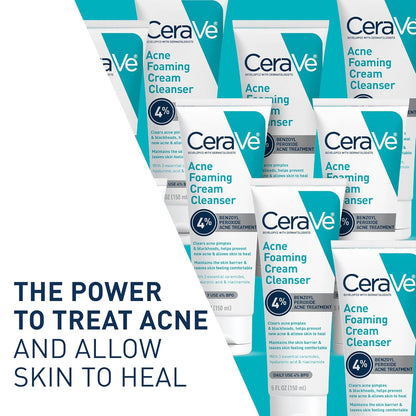 CeraVe Acne Foaming Cream Cleanser with 4% Benzoyl Peroxide, Hyaluronic Acid & Niacinamide | Daily Gentle Face Wash for Clearer Skin | 5 oz