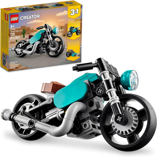 LEGO Creator 3-in-1 Vintage Motorcycle Set – Transforms from Classic Motorcycle to Street Bike to Dragster Car, Vehicle Building Toys, Perfect Gift for Kids Aged 8+, 31135