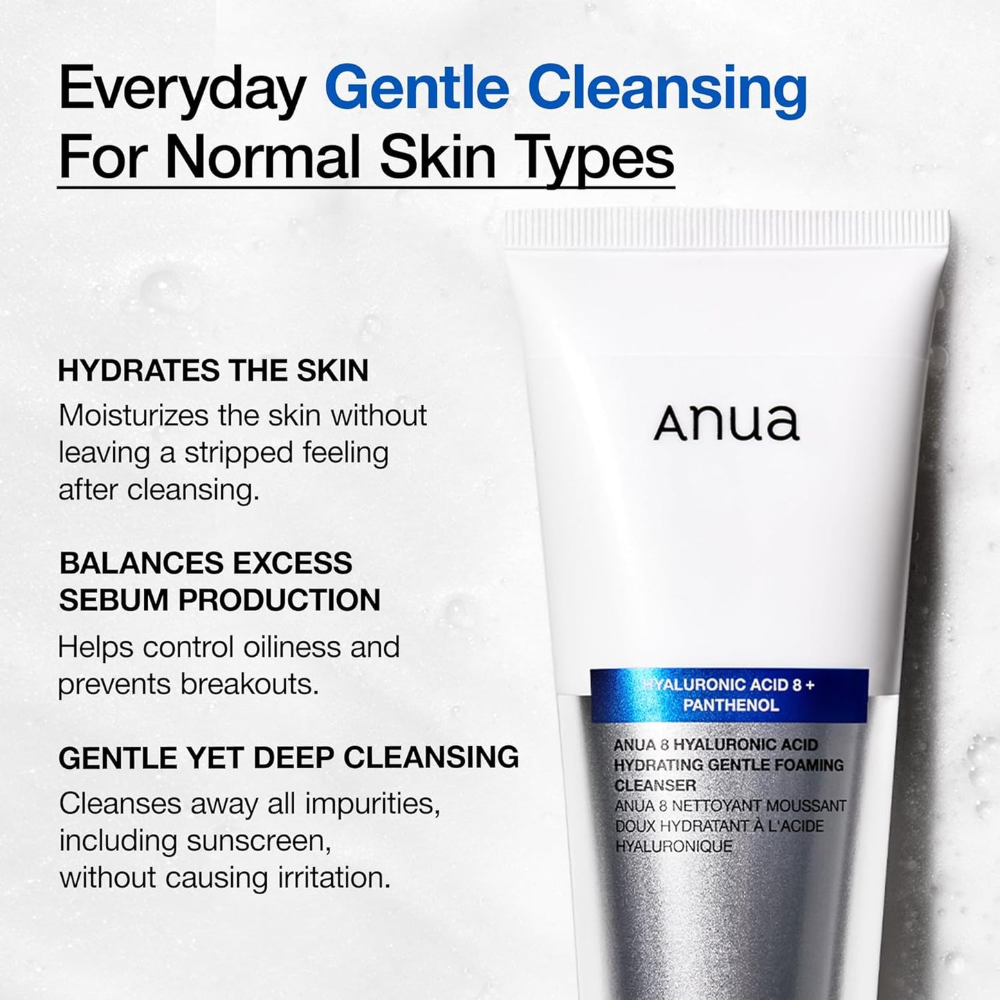 ANUA Hydrating Gentle Foaming Cleanser – Hyaluronic Acid, Glycerin, Zinc, Panthenol, Korean Face Wash for Dry Skin, Double Cleansing, 150ml (5.07 fl oz)