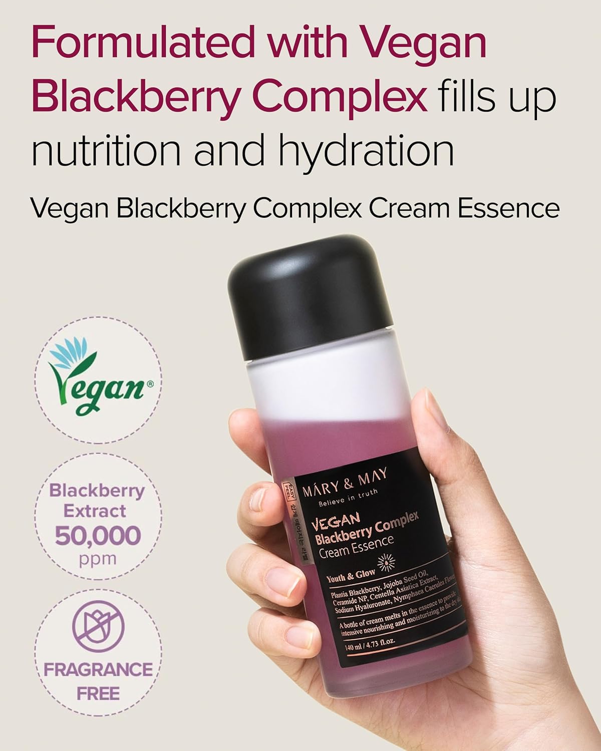 Mary&May Vegan Blackberry Complex Cream Essence, 4.73 fl. oz. – Intense Hydrating & Soothing Face Essence for Deep Moisture, Anti-Aging, and Elasticity – Fragrance-Free & Hypoallergenic Korean Skincare