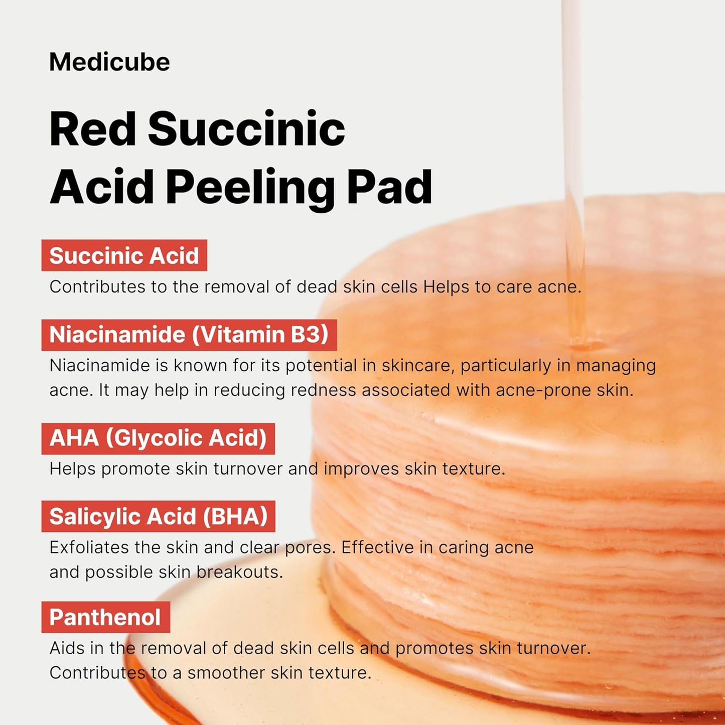 Medicube Red Succinic Acid Panthenol Peeling Pads – Exfoliating Toner Pads for Breakout-Prone Skin with Niacinamide, AHA, BHA, and Soothing Panthenol – Non-Comedogenic