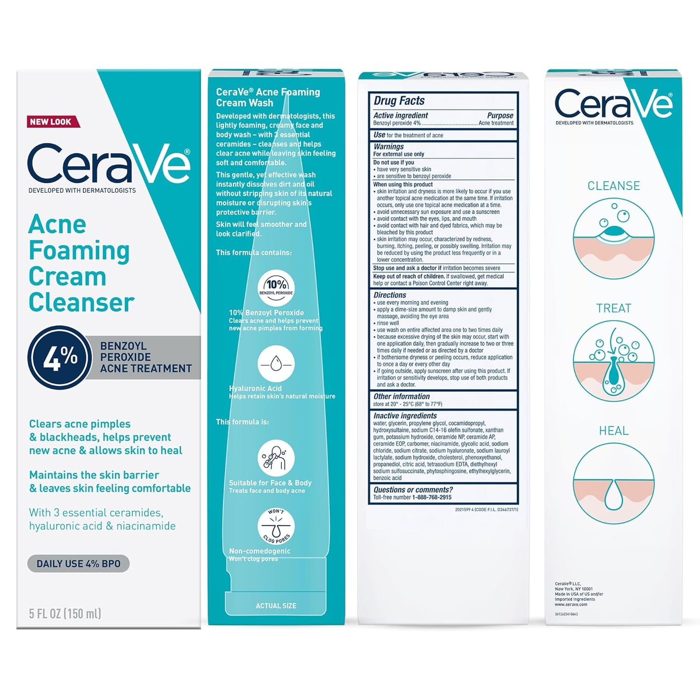 CeraVe Acne Foaming Cream Cleanser with 4% Benzoyl Peroxide, Hyaluronic Acid & Niacinamide | Daily Gentle Face Wash for Clearer Skin | 5 oz