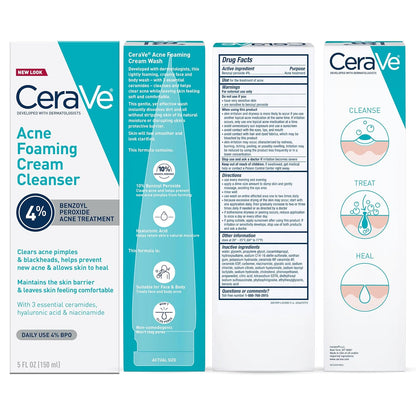 CeraVe Acne Foaming Cream Cleanser with 4% Benzoyl Peroxide, Hyaluronic Acid & Niacinamide | Daily Gentle Face Wash for Clearer Skin | 5 oz