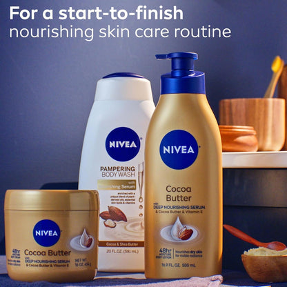 NIVEA Cocoa Butter Body Cream with Deep Nourishing Serum, 16 Ounce | Rich Moisturizing Cream for Dry Skin, Restores Skin’s Natural Softness