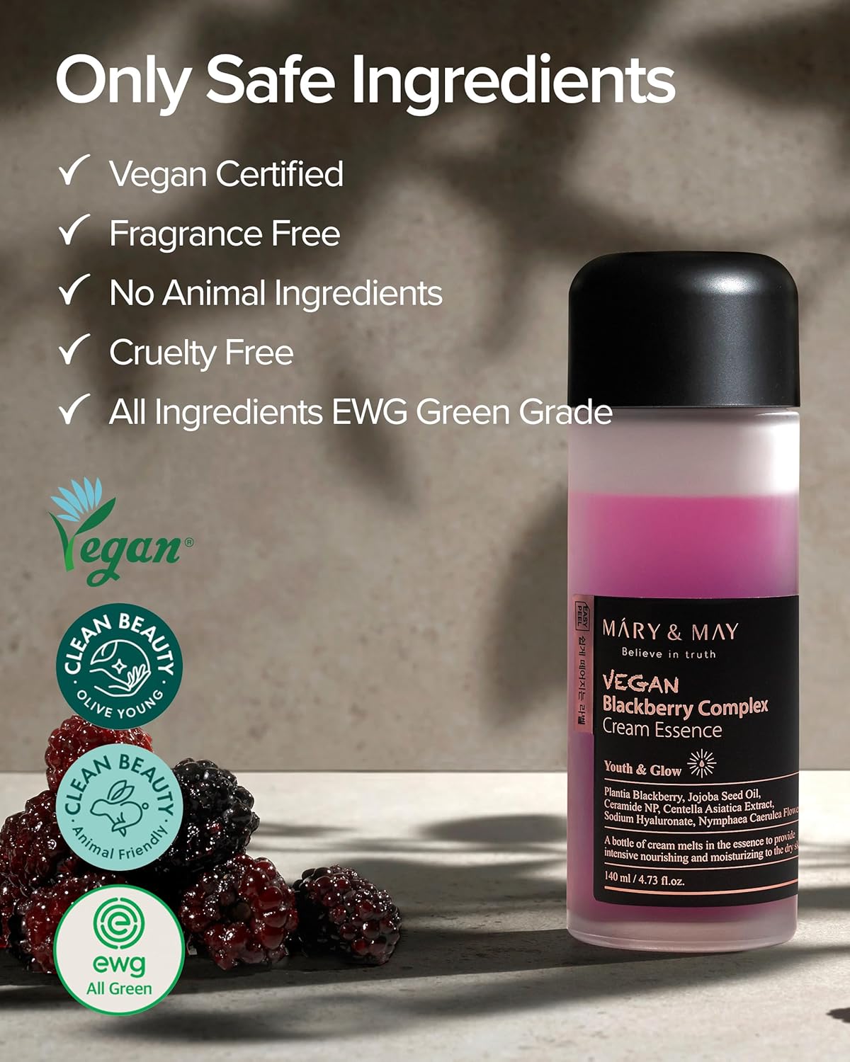 Mary&May Vegan Blackberry Complex Cream Essence, 4.73 fl. oz. – Intense Hydrating & Soothing Face Essence for Deep Moisture, Anti-Aging, and Elasticity – Fragrance-Free & Hypoallergenic Korean Skincare