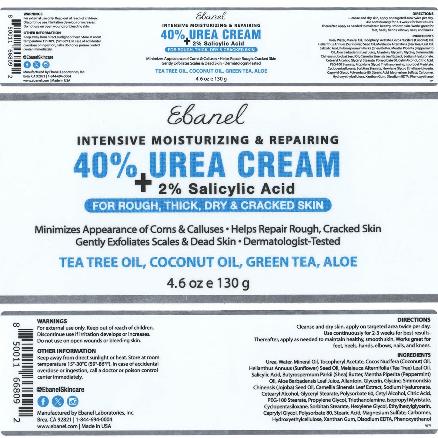 Ebanel Urea Cream 40% + Salicylic Acid 2%, Foot & Skin Repair Cream for Dry Cracked Heels, Feet, Knees, Elbows, and Hands | Dead Skin, Callus, and Toenail Softener, Keratolytic Skin Barrier Repair