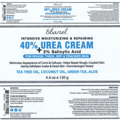 Ebanel Urea Cream 40% + Salicylic Acid 2%, Foot & Skin Repair Cream for Dry Cracked Heels, Feet, Knees, Elbows, and Hands | Dead Skin, Callus, and Toenail Softener, Keratolytic Skin Barrier Repair