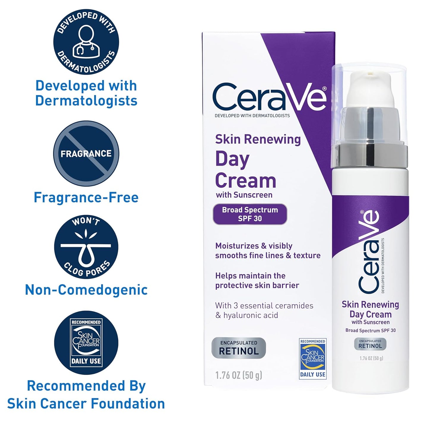 CeraVe Anti-Aging Face Cream SPF 30 | Retinol Anti-Wrinkle Cream with Hyaluronic Acid and Ceramides | 1.76 oz