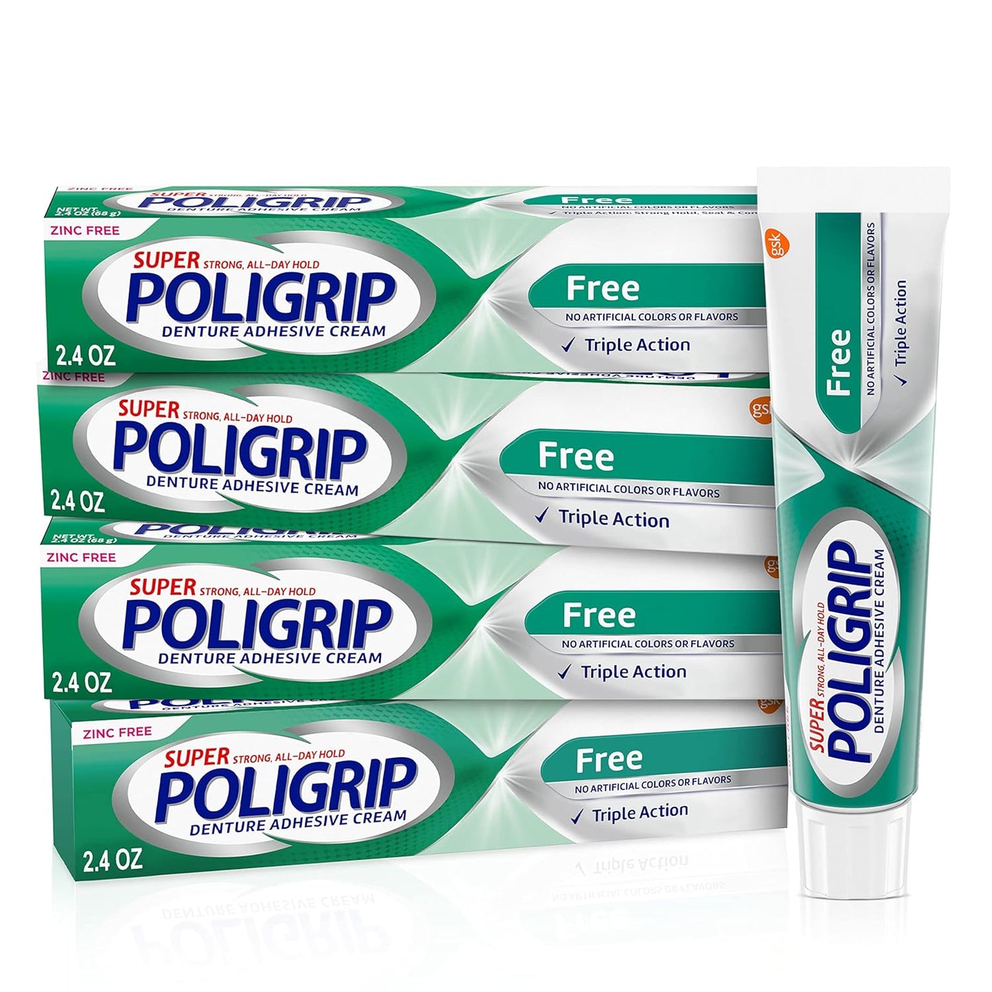 Super Poligrip Zinc-Free Denture Adhesive Cream for Dentures & Partials, 2.4 oz (Pack of 4)