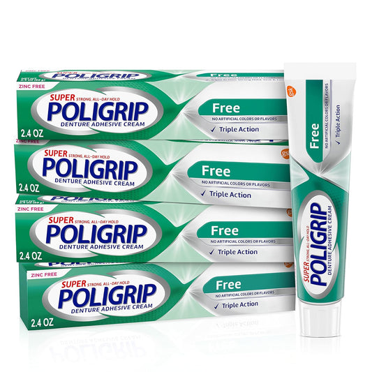 Super Poligrip Zinc-Free Denture Adhesive Cream for Dentures & Partials, 2.4 oz (Pack of 4)