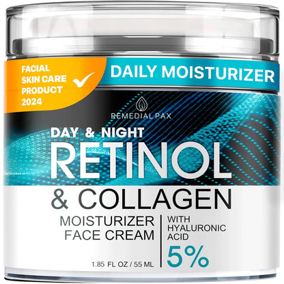 REMEDIAL PAX Retinol Face Moisturizer & Neck Firming Cream, Anti-Aging Collagen Day & Night Cream with Hyaluronic Acid for Men & Women, 1.85 Fl Oz